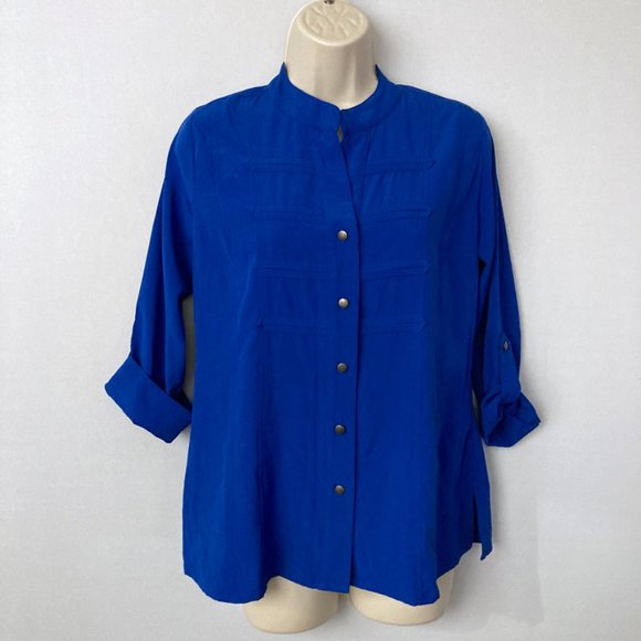 LAURA SCOTT Petites Royal Blue Mandarin Top - Picture 3 of 8